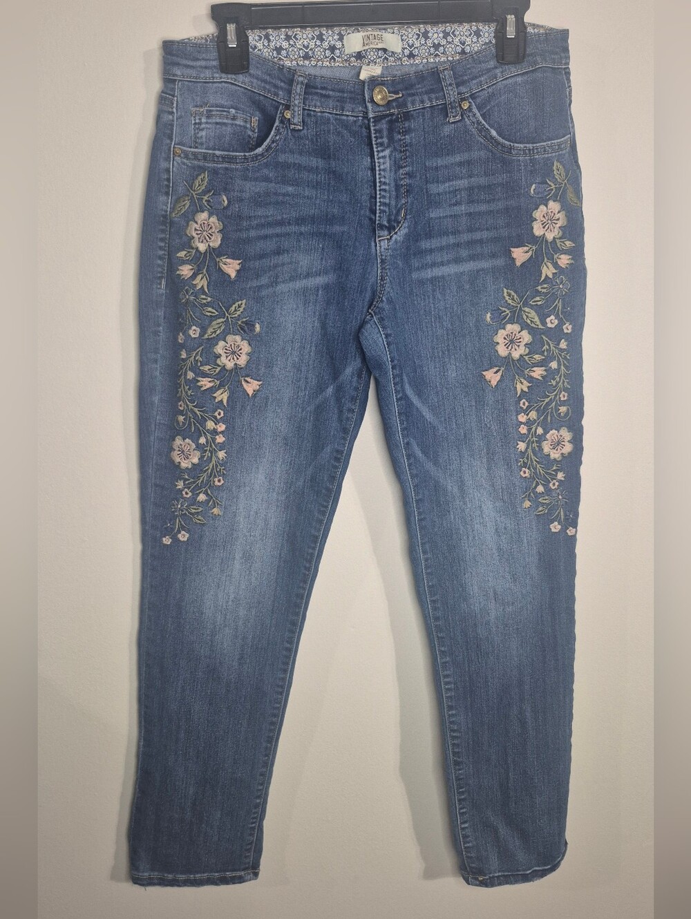 Vintage America Blue Jeans with Pink Floral Embroidery Womens Size 6
